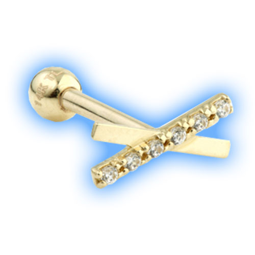 Gold Barbell with gem bar and cross 